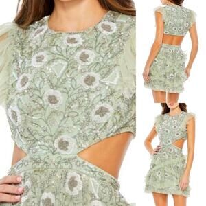 Mac Duggal Sage 35101 Embellished Jewel Neck Tulle Ruffle Mini Dress Side Cut